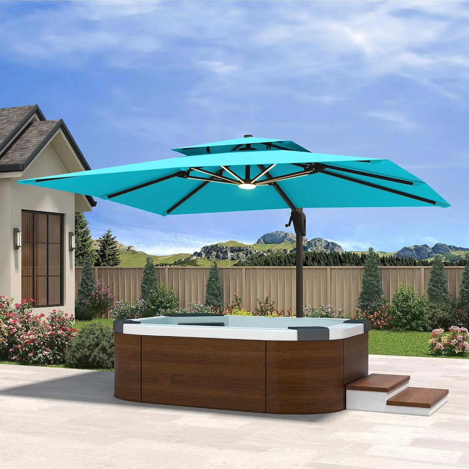 10x13ft Cantilever Patio Umbrella with Base & LED Lights, Customized