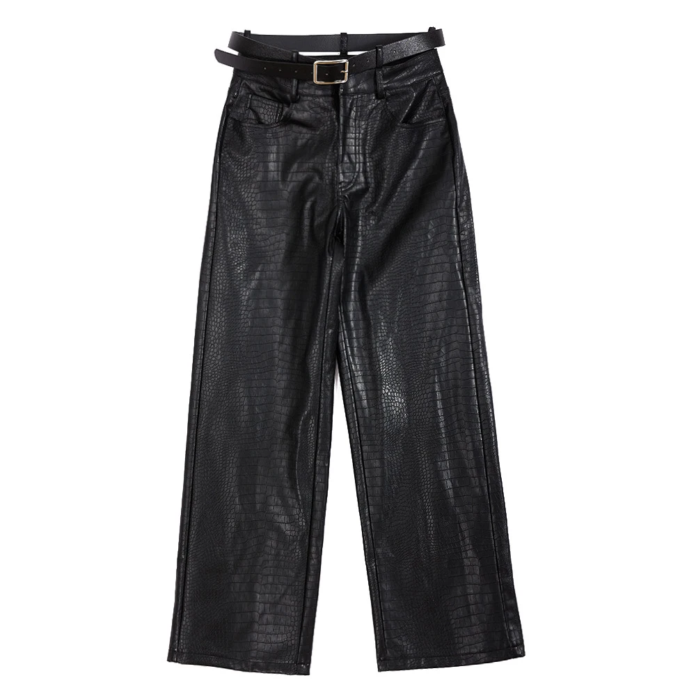 Gagaopt pantaloni in pelle nera pantaloni Vintage dritti a vita alta da donna Streetwear pantaloni casual a gamba larga