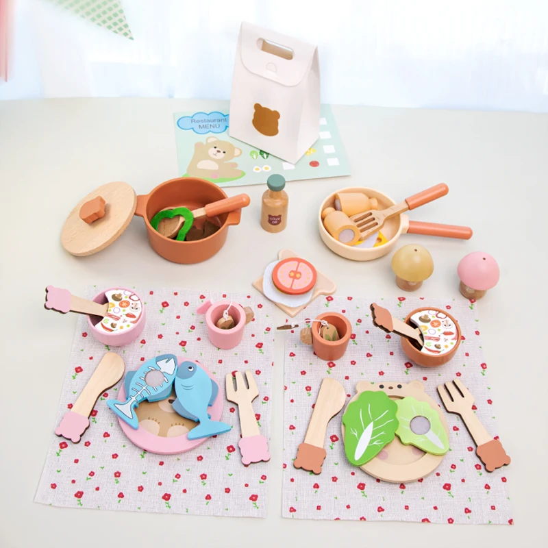 Wooden Bear Kitchen Playset | Children's pretend cooking game includes cutlery cookware and realistic food as a gift for kids