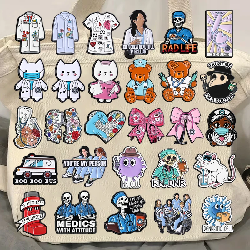31Styles Medical Collection Enamel Pins Cartoon Animal Doctor Nurse Coat Stethoscope Brooch Lapel Badge Jewelry Gift for Friends
