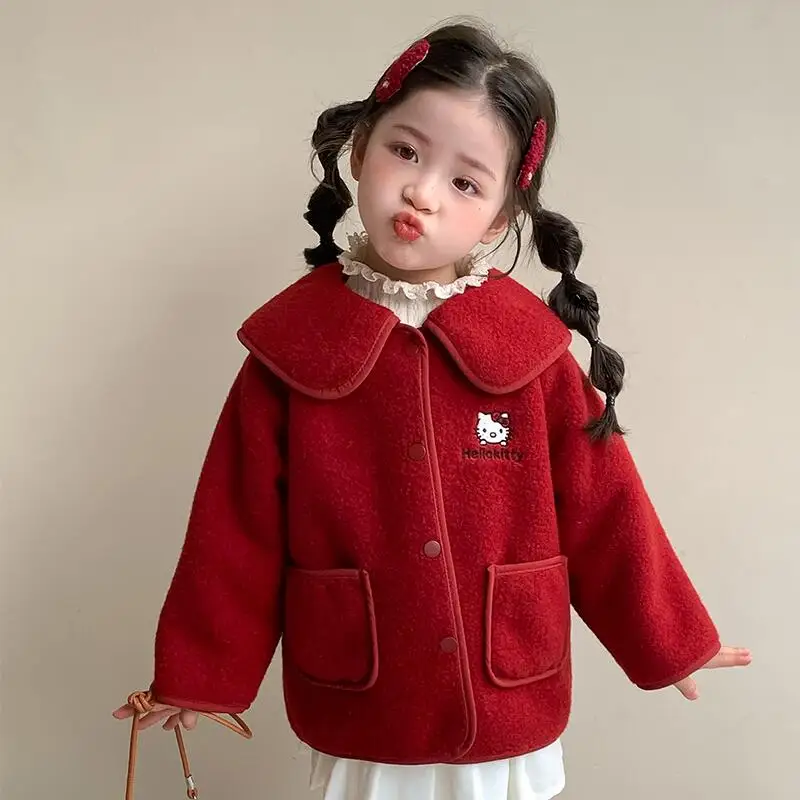 

Hot Sanrio Hello Kitty Winter Coat Girl Thicken Jacket Red Tops Keep Warm Child Kawaii Anime Cartoon Fashion New Casual Clothing