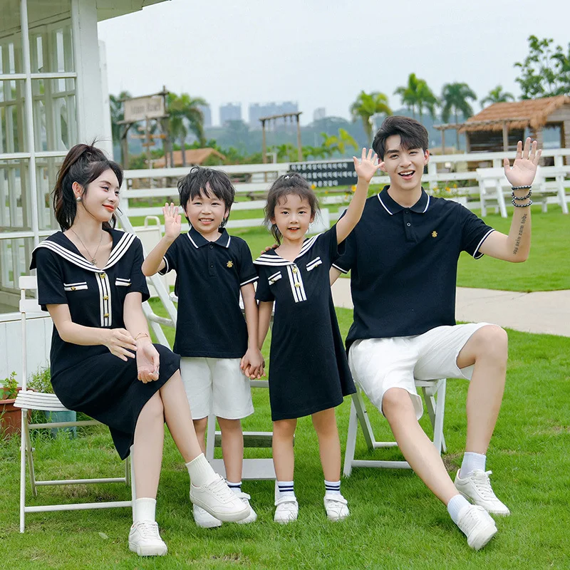 Family Matching Parent-child Couple Clothes Mom Daughter Big Collar Navy Blue Dress Dad Son Shirts Korean Sister Brother Outfits