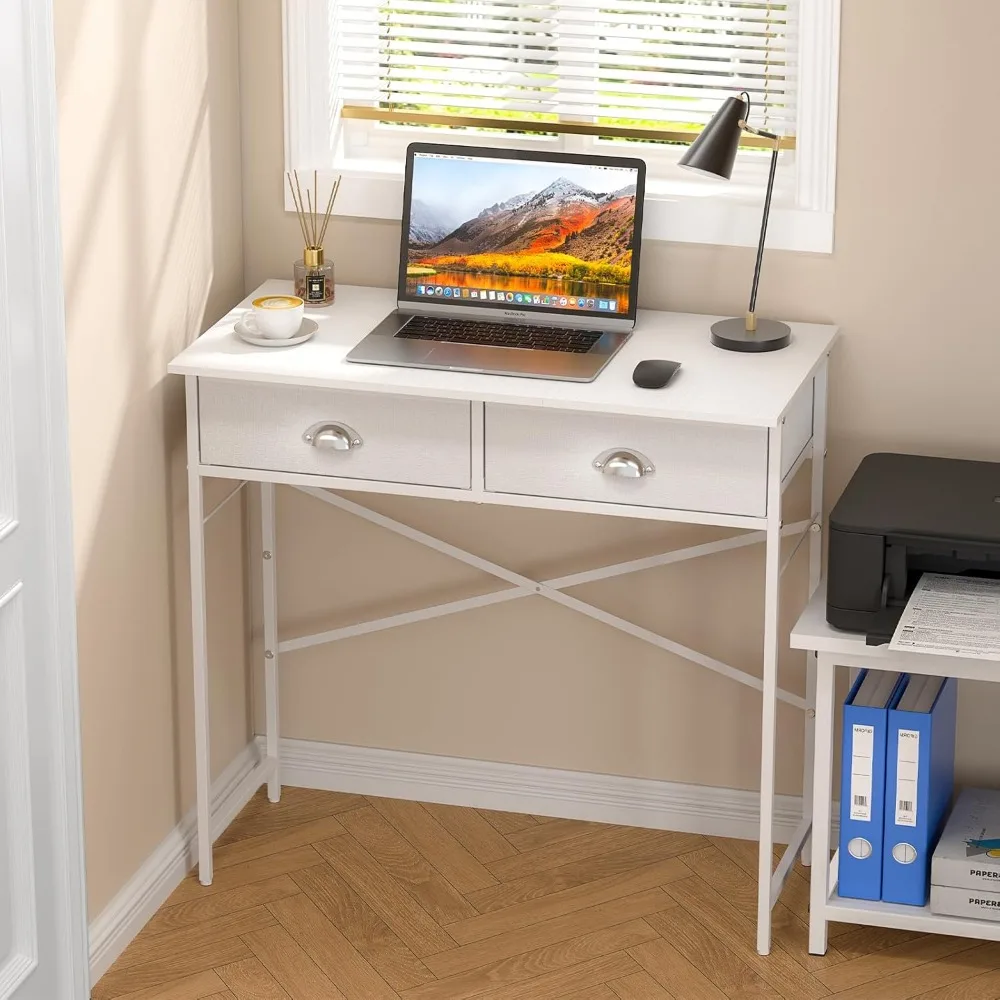 

Small Writing Desk for Kids Bedroom, 31.5 Inch White Computer Desk for Small Spaces, Simple Desk with 2 Fabric Drawers for Home
