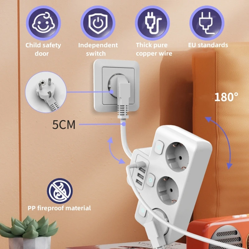 Adaptor Strip daya untuk Europlug 4 keluaran USB soket listrik dengan kabel ekstensi pelindung lonjakan adaptor steker rumah