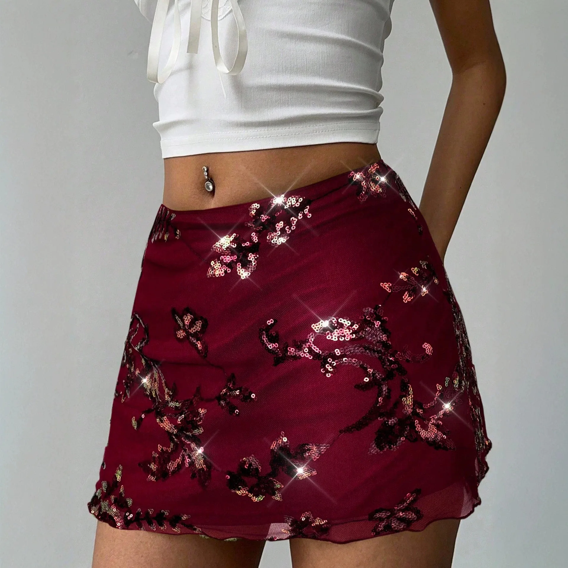 High-waisted Sequin. Floral. Mesh Skirt For Women, Featuring A Ruched, Body-hugging Design, A Erotogenic Transparent Style, Mult