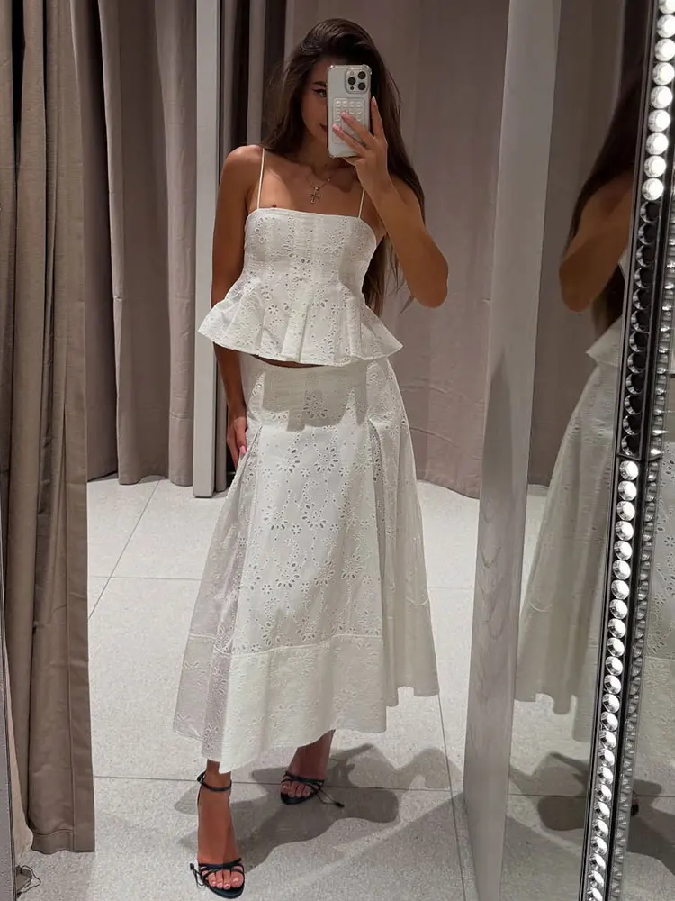 

HH Women's Elegant Summer Solid Embroidery Suit Sleeveless Suspender Wavy Wide Hem Top+High Waist A-line Pleated Cloak Skirt