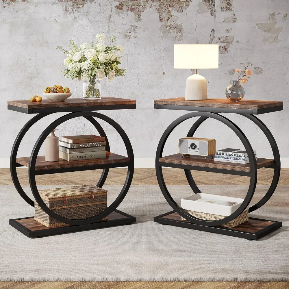 

pair of slim end tables with three-tier storage and wooden accents, ideal for industrial-style living rooms
