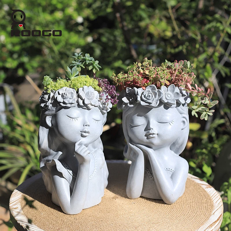 

Roogo New Design Vase Large Fairy Flower Pots Home Garden Decoration Resin Bonsai Lovely Girl Succulent Pot Plant Pot Holder