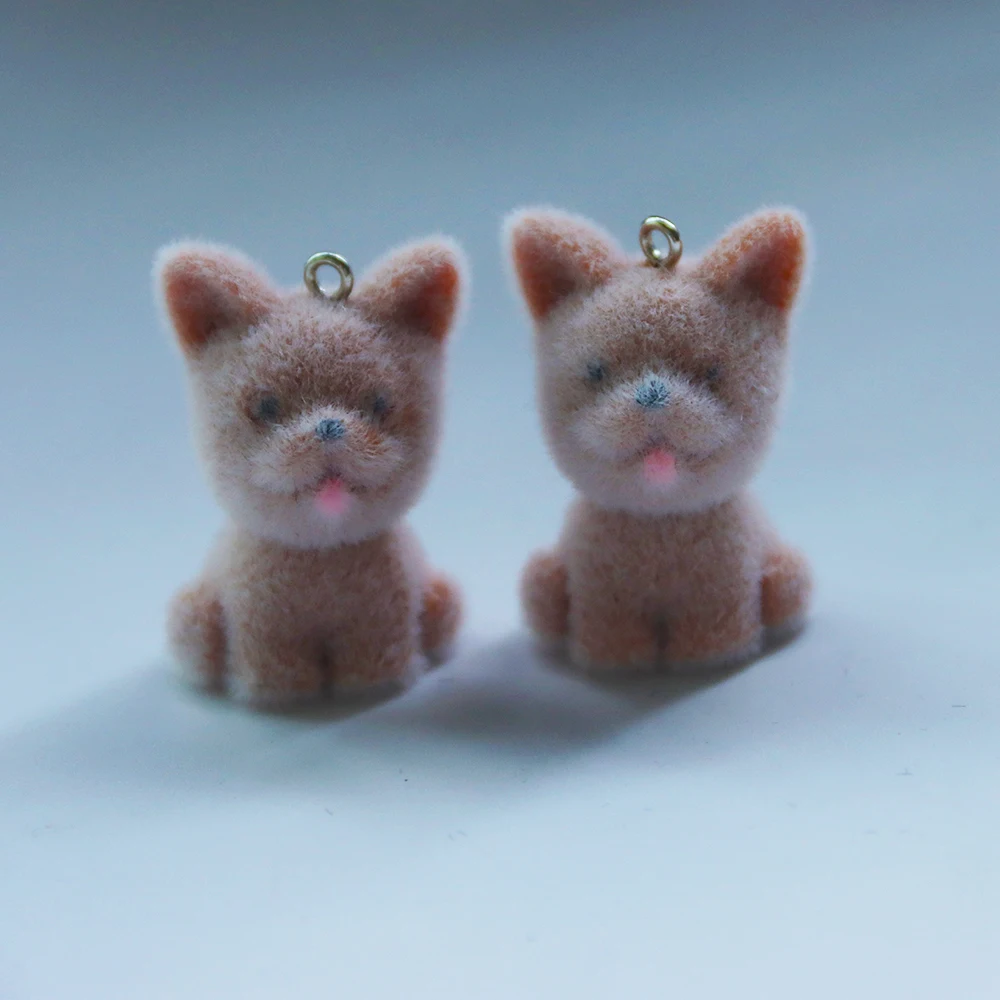 Dijes de resina de perro flocado en 3D, colgante de Animal de peluche de dibujos animados, llavero, collar, pendientes, manualidades DIY, fabricación de joyas, venta al por mayor, 20 piezas