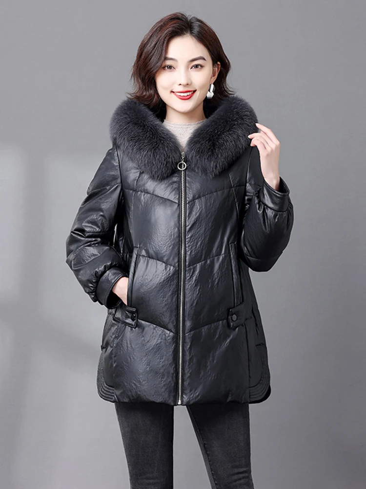 New Women Hooded Leather Down Jacket Winter Fashion Warm Real Fox Fur Collar Loose Sheepskin Down Coat Split Leather Outerwear