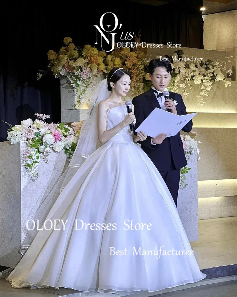 OLOEY Princess Silk Organza A Line Korea Wedding Dresses Photoshoot Strapless Floor Length Bridal Gowns Corset Back Custom Veil