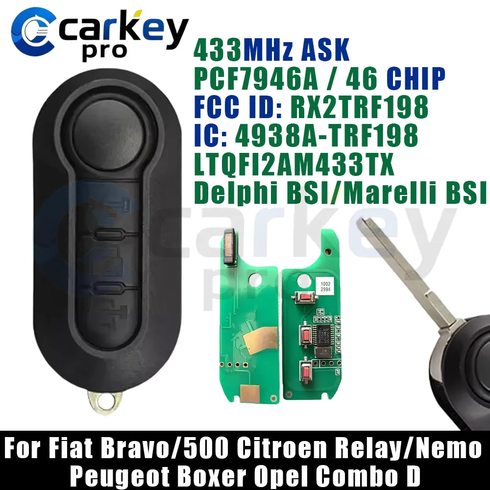 Llave remota 433MHz RX2TRF198 LTQFI2AM433TX Marelli/Delphi BSI para Fiat Bravo/500 Citroen Relay/Nemo Peugeot Boxer Opel Combo D