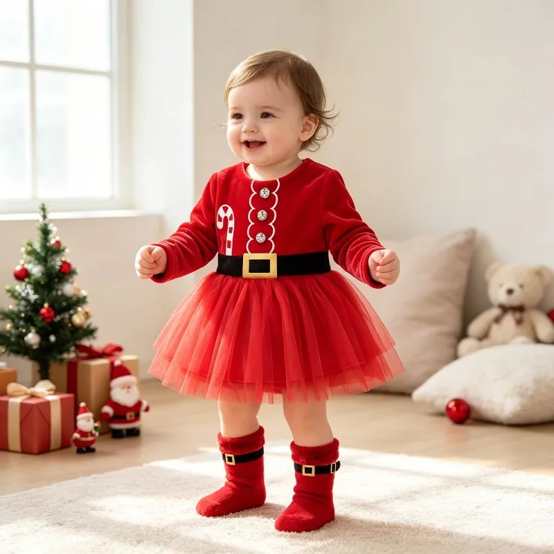 Newborn Baby Girls Christmas Romper Dress Red Velvet Candy Cane Print Black Belt Gold Buckle Tulle Skirt Costume 0 24M