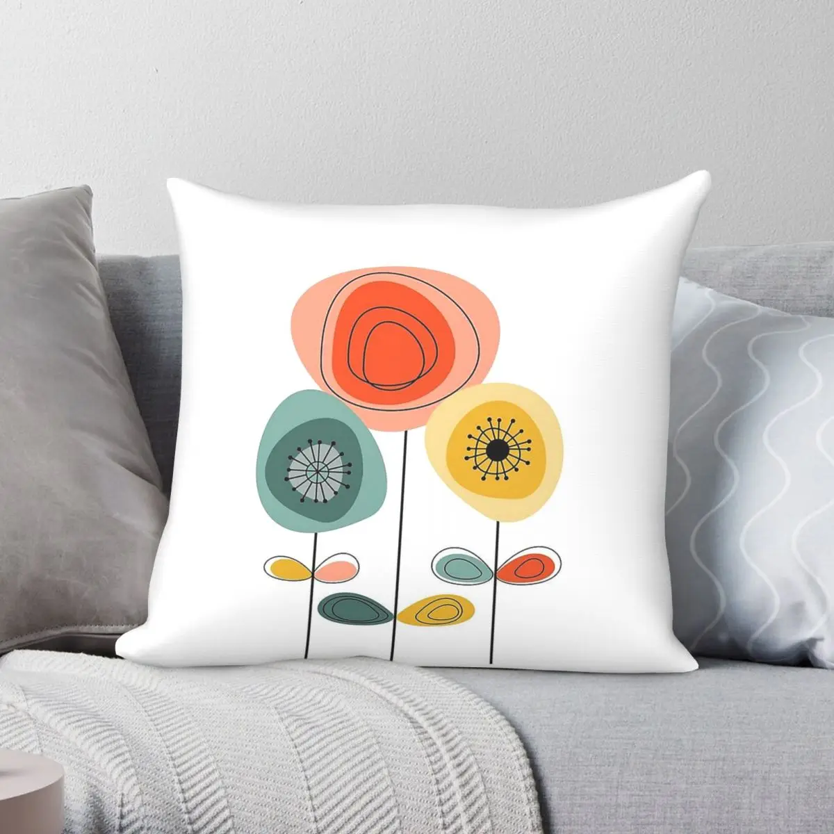 Mid-Century Modern Happy Flower Square Pillowcase Polyester Linen Velvet Zip Decor Throw Pillow Case Sofa Seater Cushion 18