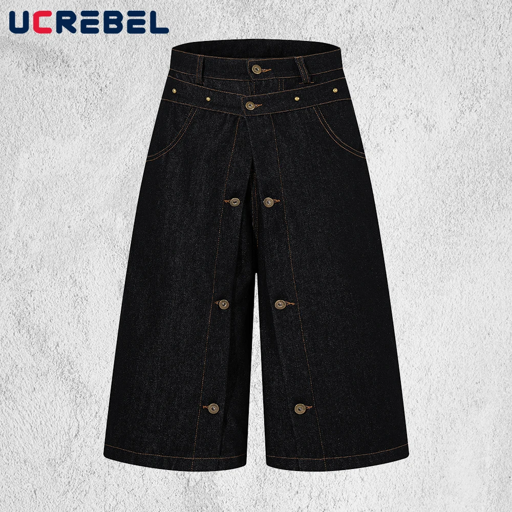 

Button Decoration Spliced Capri Jeans Mens with Rivets Summer Retro High Street Wide Leg Baggy Denim Capri Pants