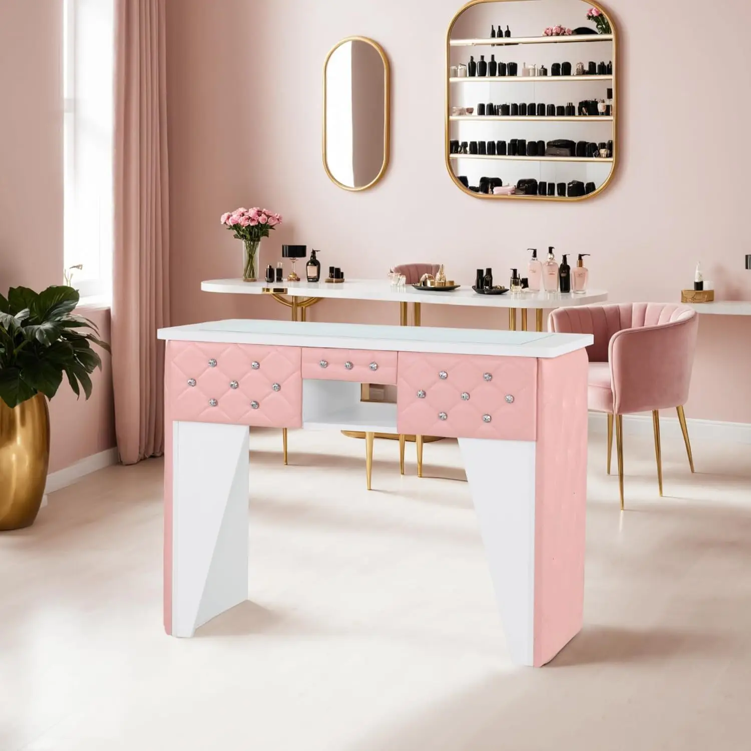 Pink white color scheme with three drawers glass countertop with padded manicure table special manicure table for manicure shop