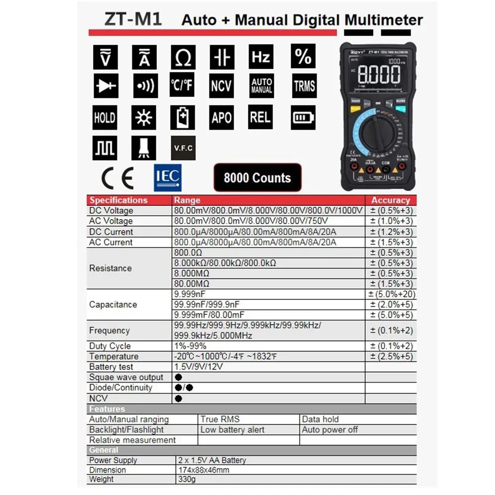 Imagem -06 - Profesional Multímetro Digital Zoyi Zt-m1 T-rms Auto Manual 8000 dc ac 20a Tensão Atual Capacitância Vfc Ohm Bateria Tester