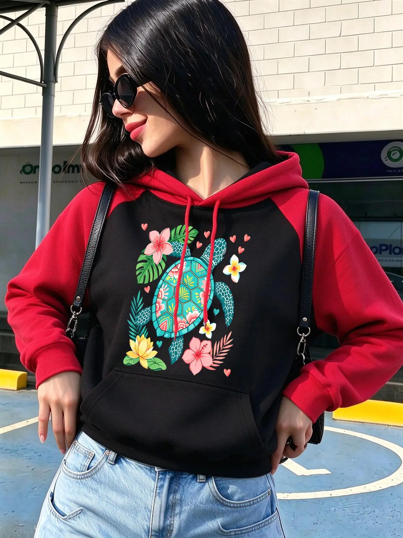 Colorful Sea Turtle Tropical Floral Heart Design Women Raglan Hoody Autumn Fashion Pullover Loose Hoodie Fleece Y2K Streetwear