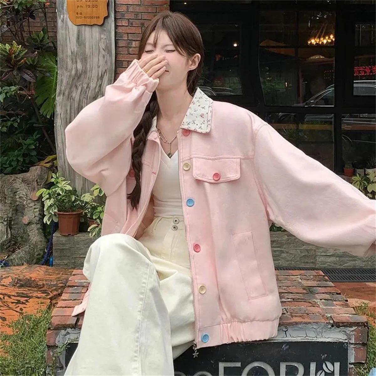 2025 ใหม่สาวหวานฤดูใบไม้ผลิและฤดูใบไม้ร่วงบางสีทึบเสื้อลําลอง Dressing คอลเลกชันแนวโน้มแฟชั่นอเนกประสงค์ลมขี้เกียจ