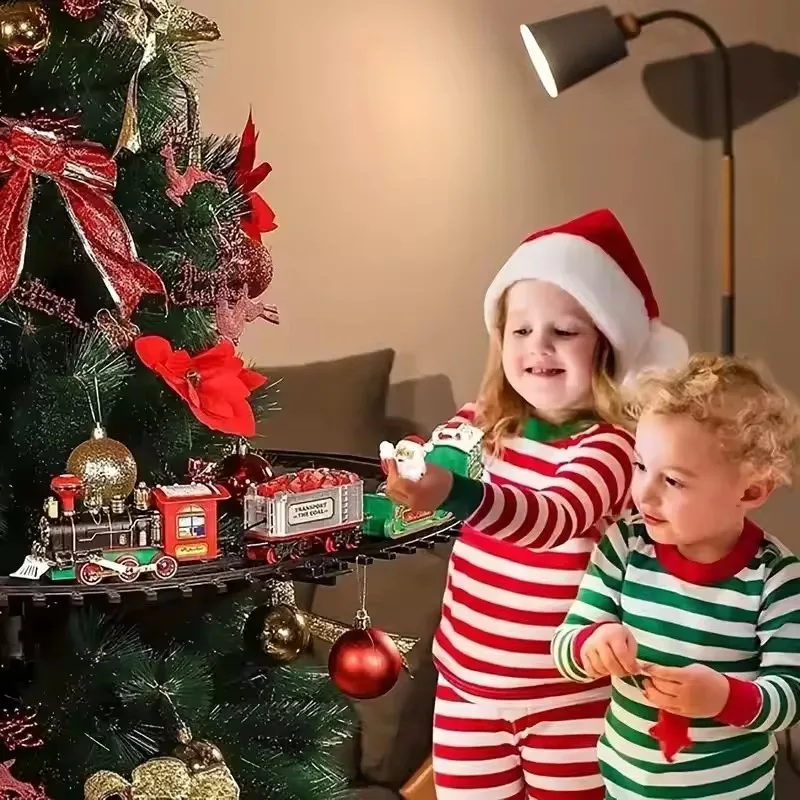 Tren de Navidad eléctrico, juguetes, decoración de árbol de Navidad, marco de vía de tren, coche ferroviario con sonido y luz, regalos de navidad