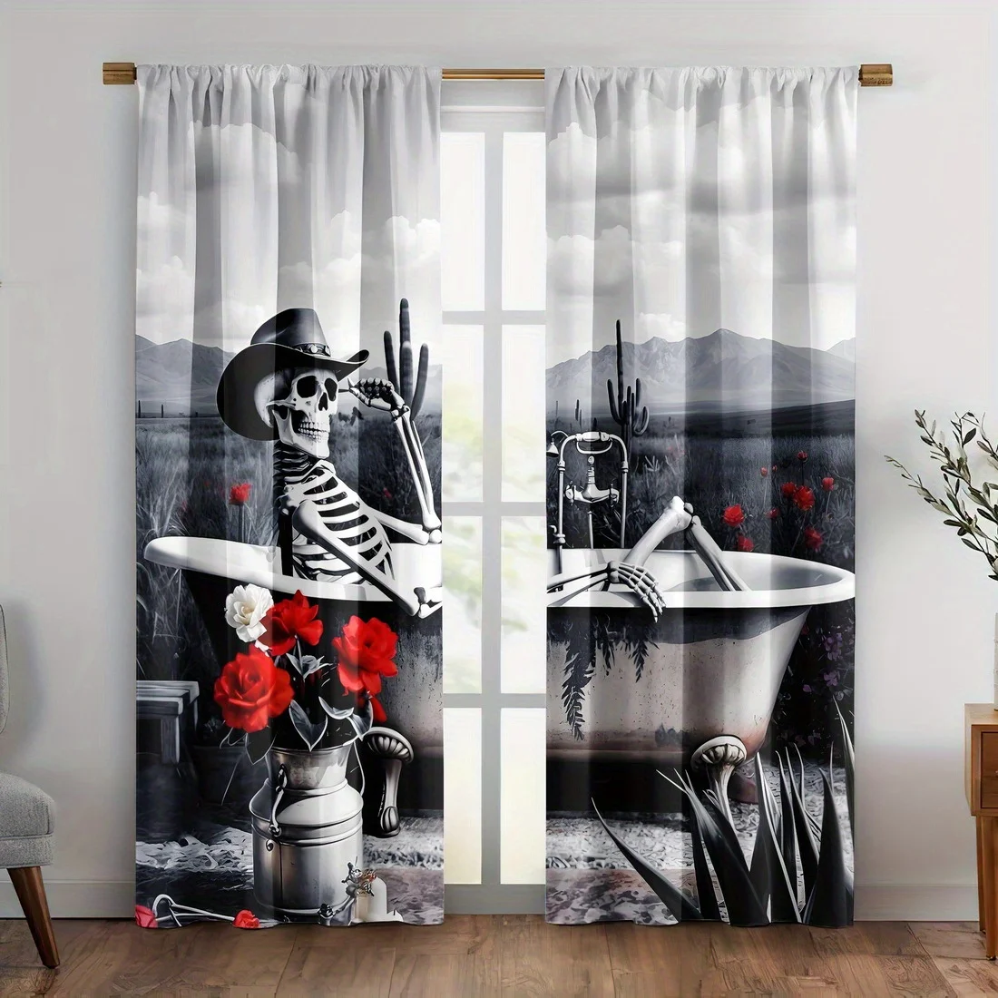 Gothic Skeleton Cowboy Curtains, Vintage Western Desert Print Window Drapes, Red Rose Decor, Blackout Fabric for Living Room