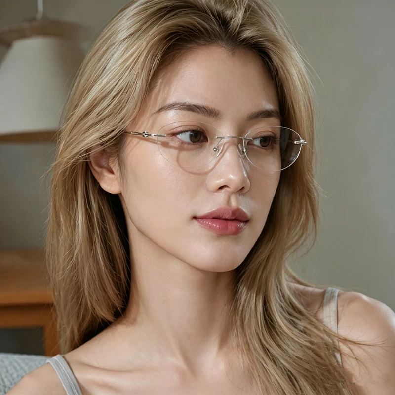 Women Oval Pure Titanium Rimless Eyeglasses Frame Super Light Optical Prescription Myopia Spectacles Frame Anti‑Allergy Eyewear