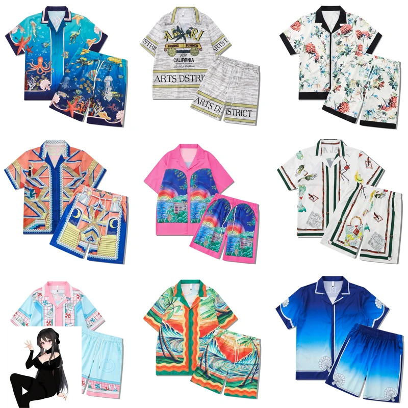 Multi Versions Pattern Thin Fabric Shortpant Short Shirt Set Men Women Hawaii Beach Holiday Surf Suit