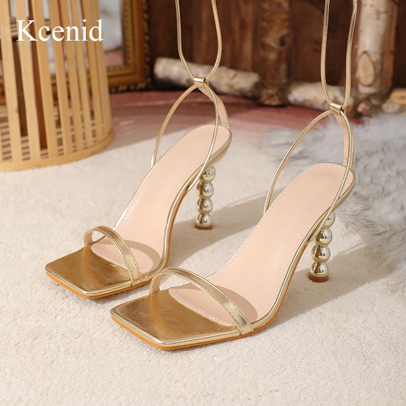 

Kcenid Lace-up Strange Ankle Strap Sandals High Heels Ladies Gold Party Nightclub Square Toe Wedding Shoes Women Modern Sandals