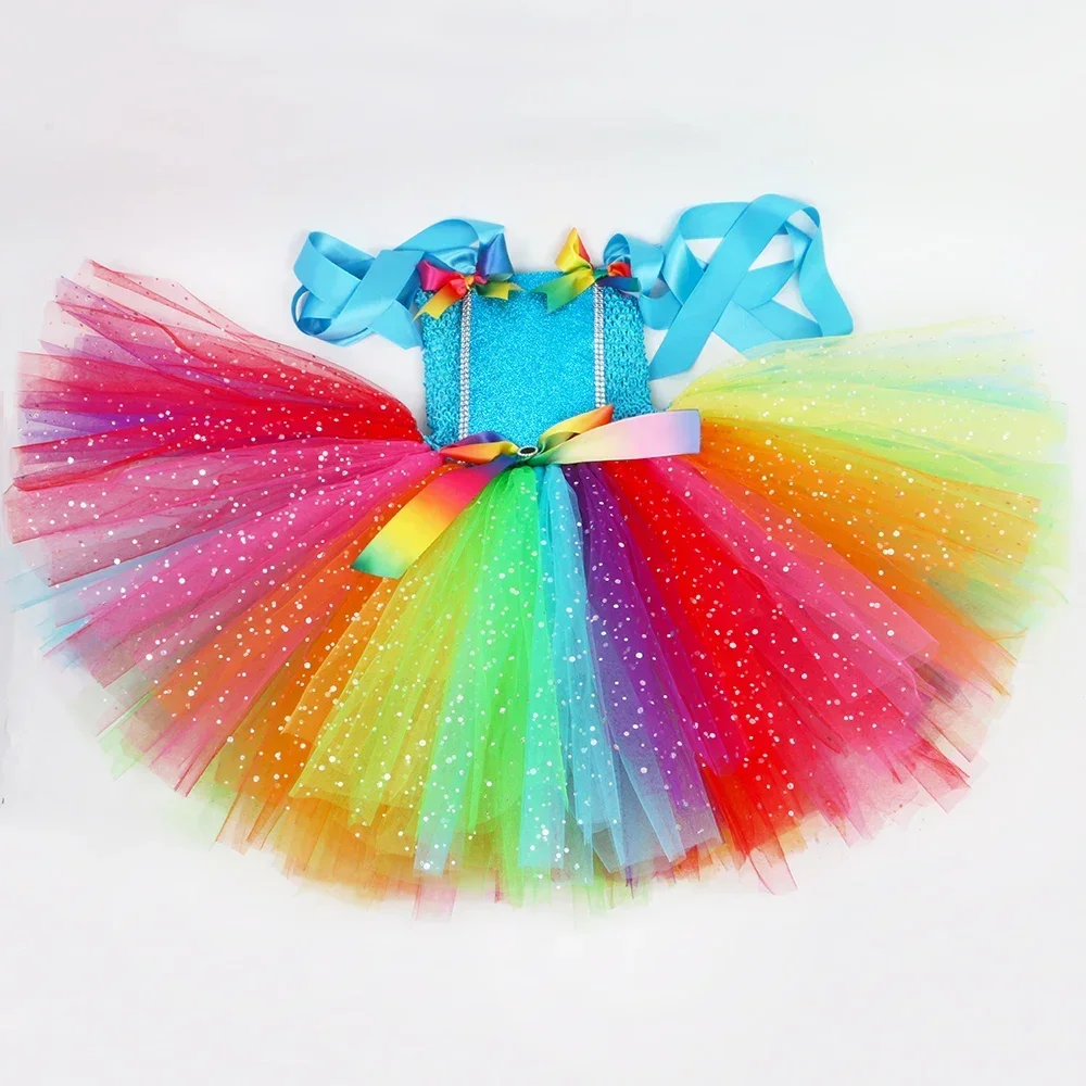 Fairy Costume for Girls Glitter Rainbow Tutu Dress with Butterfly Wings Toddler Kids Halloween Birthday Party Princess Dresses