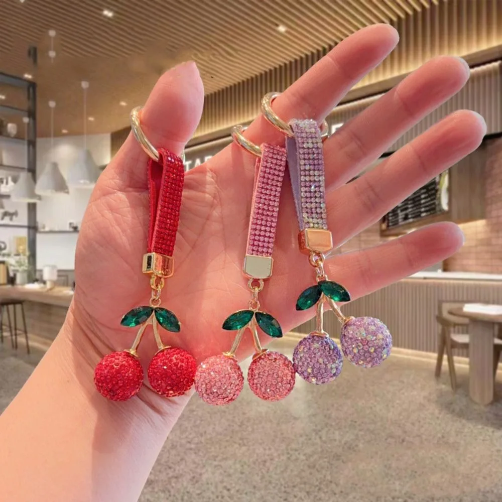 Korean Ins Full Rhinestones Cherry Keychain High-end Blingbling Crystal Cherry Pendant Exquisite DIY Bag Charm Girls Boys