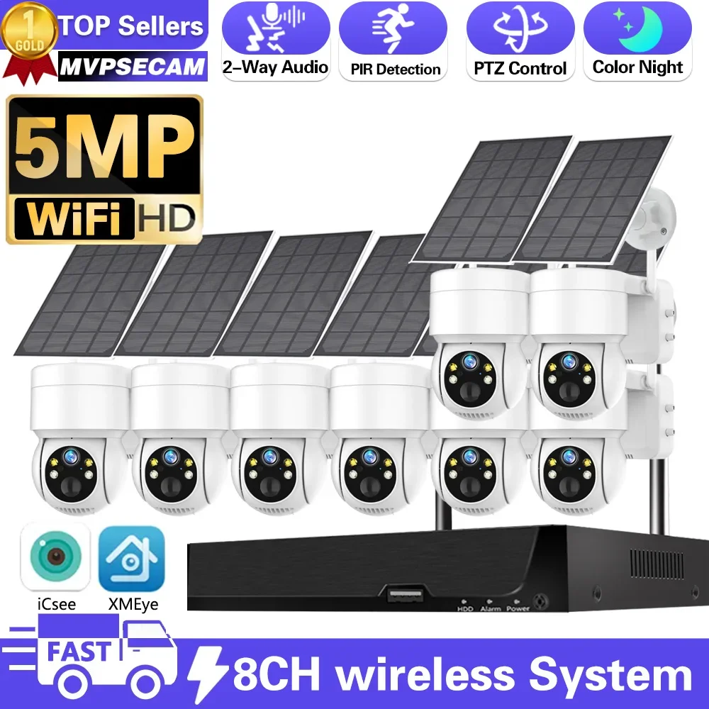 8CH 5MP WiFi NVR PTZ Solar Power IP WiFi Camera Outdoor Waterproof 8000mAh Built-in Battery Surveillance Cam PIR Human Detection