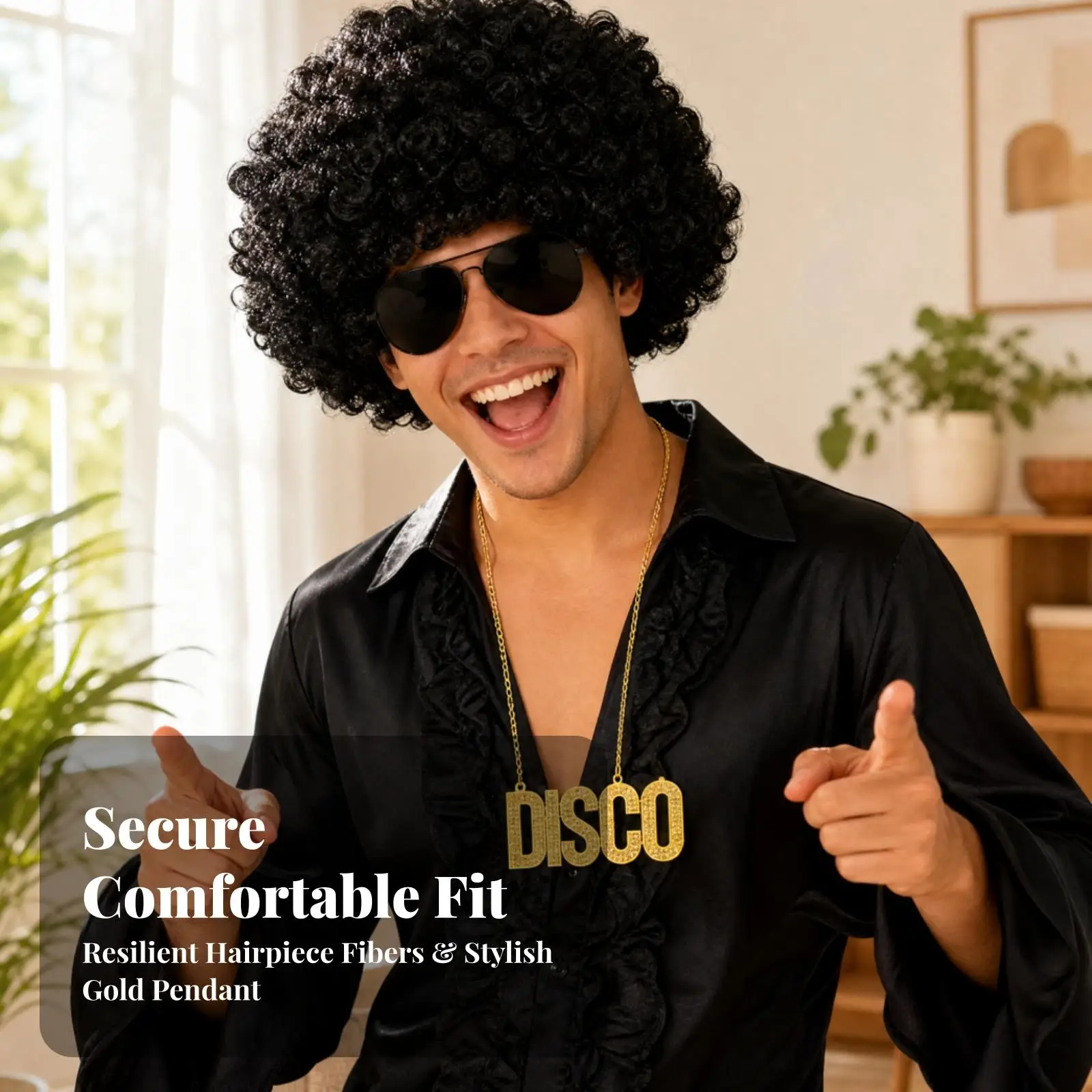 Black Synthetic Curly Hippie Wig with Glasses and Necklace for Retro Disco Stage Outfits