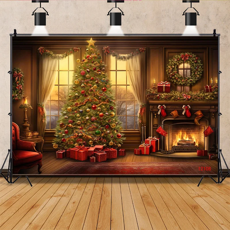 

ZHISUXI Christmas Day Fireplace Photography Backdrops Gift Box Chimneys Snowflake Window Indoor Studio Background WW-30