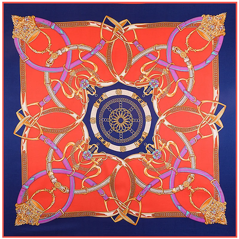 130cm*130cm 2024 Luxury Brand Chain Print Silk Scarf For Women Headband,New Hijab Twill Large Square Scarf Shawl Female Wraps