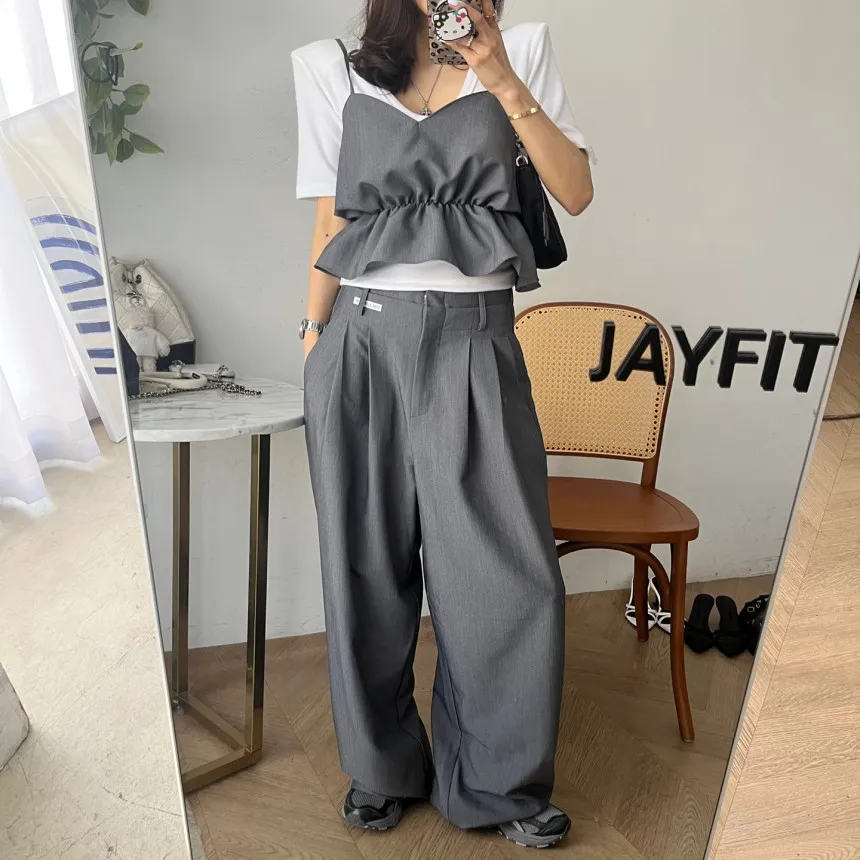 

Casual Feminine Women's Two-Piece Set with Strap Top And Straight Leg Pants Flounce Hem V-Neck Crop Top Slimming Wide Leg Pants