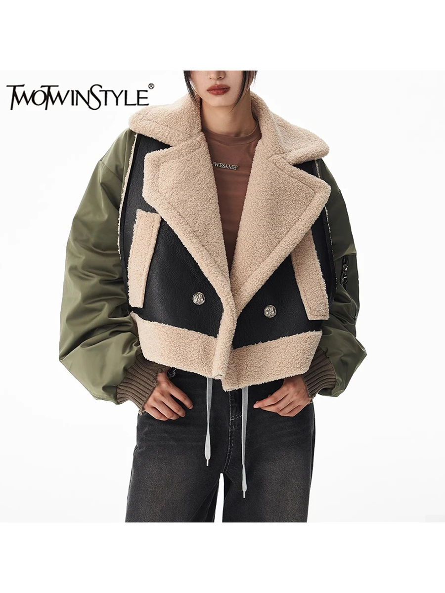 TWOTWINSTYLE Colorblock Casual Lambwool Coats For Women Lapel Long Sleeve Patchwork Button Loose Warm Outwear Female Fashion New