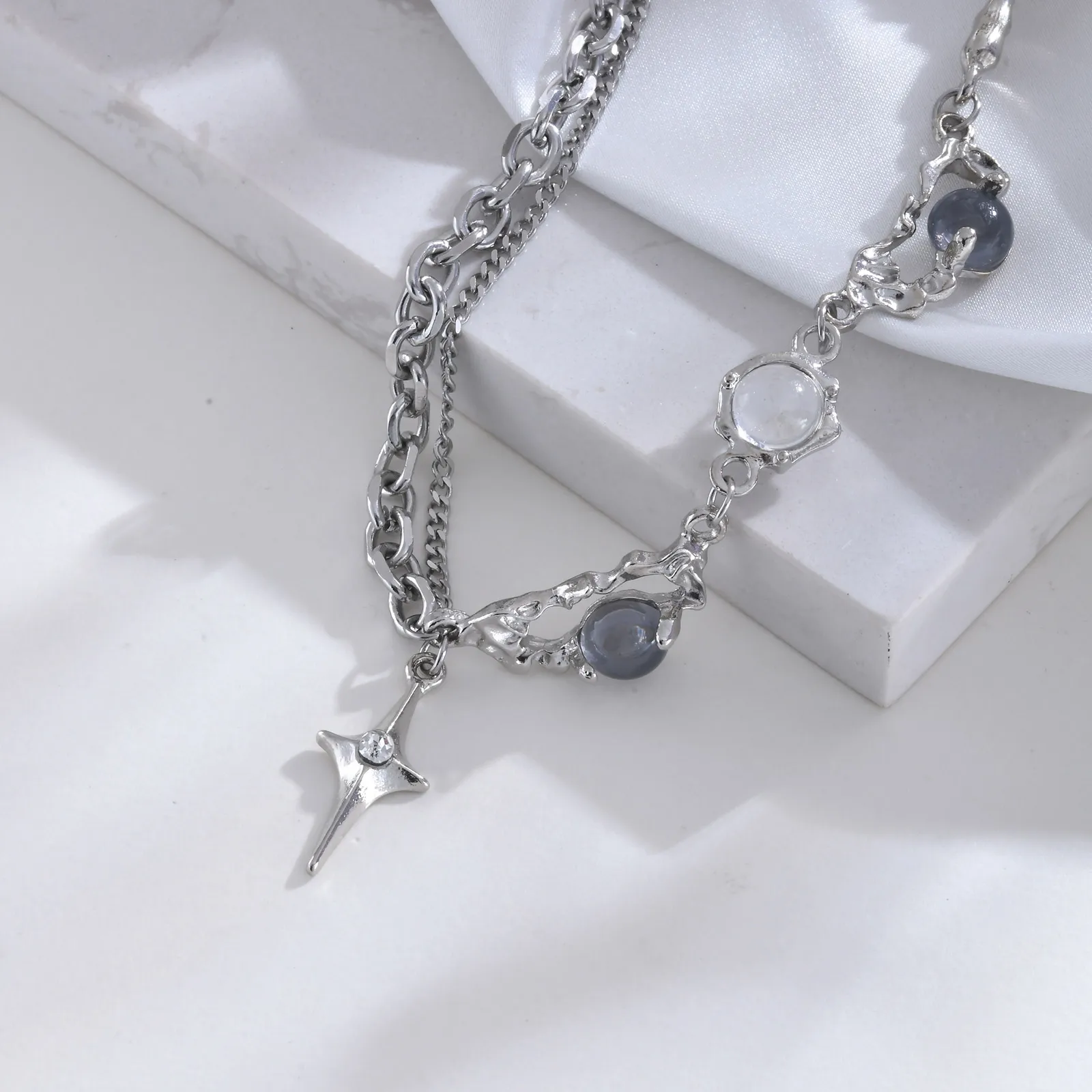 스테인리스 스틸 4 각형 별 목걸이, 그라인딩 체인 배치 앵글 체인, 송진 비드 합금 액세서리, 크로스 펜던트 목걸이