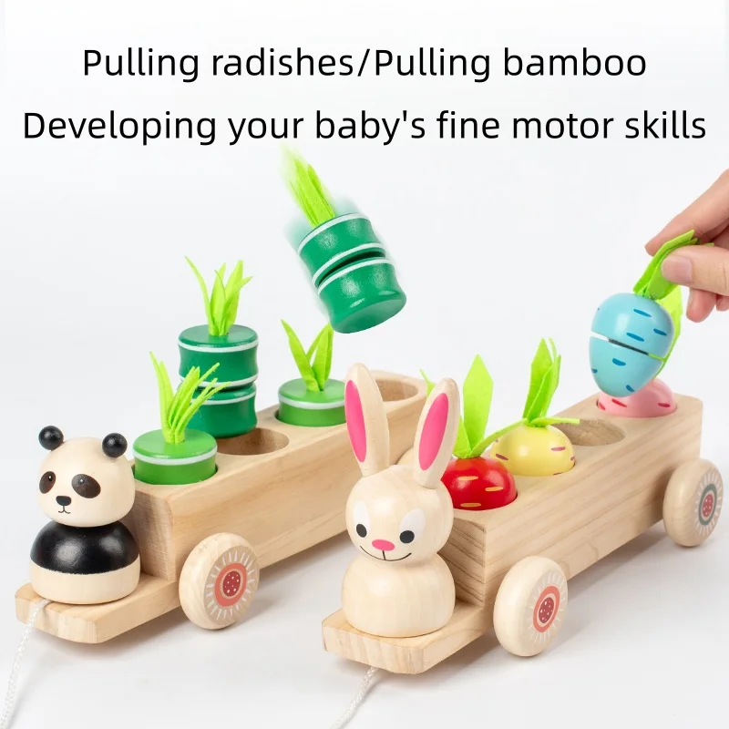 Voiture de traction de lapin en bois avec carottes extractibles, jouet carottes colorées peuvent être extractibles, les enfants se trouveront jouent avec la traction