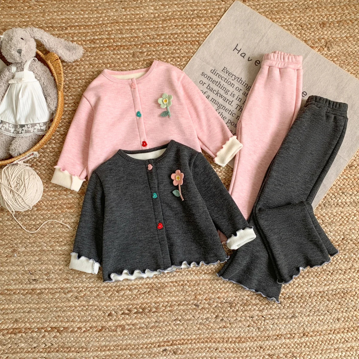 0-8Y Autumn Thick Kids' Sets and Outfits Kids Clothes Girl's Set 3D Floral Embroidery Kids Cardigan Top+Flared Pants
