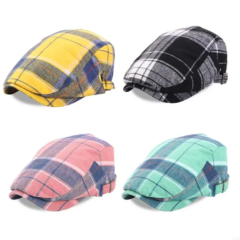 L5ya Cotton Hat Barge Checkered Pattern British Vintage Fashion Assactory