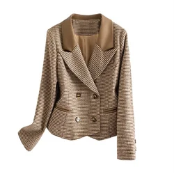 2023 Nuova Primavera Autunno Donna Blazer Cappotto in lana scozzese Cappotto in pelle PU Impiombato Risvolto Giacca corta Abbigliamento donna Capispalla femminile