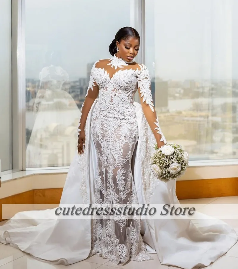 Vestidos de casamento sereia vintage com trem destacável renda apliques vestidos de noiva mulheres africanas vestidos de boda 2025 personalizado