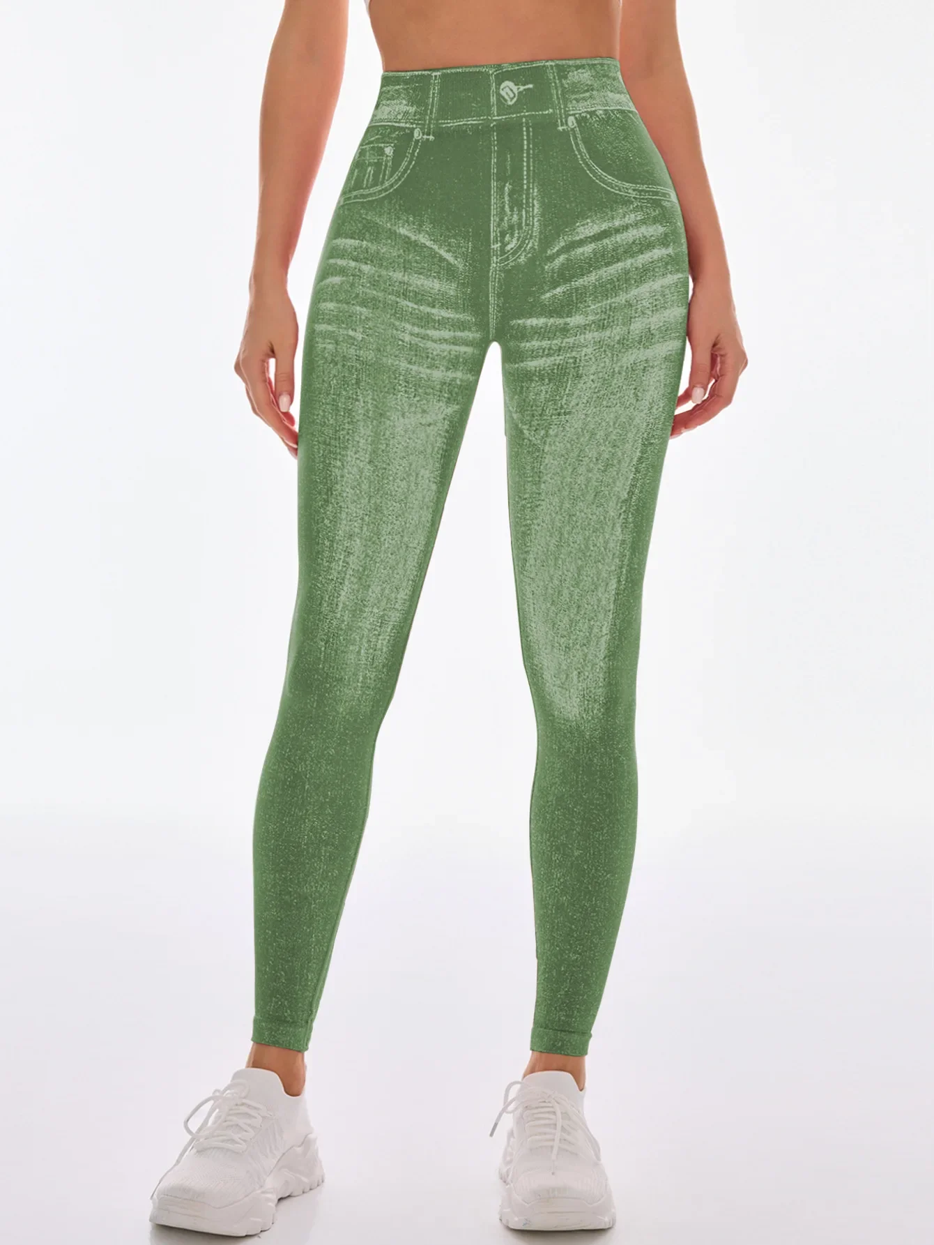 Damen Gym Bedruckte Yoga-Leggings Nahtlose Hochtaillierte Denim-ähnliche Perforierte Hosen mit Fake-Taschen Yoga Fitness Leggings – Detail 19