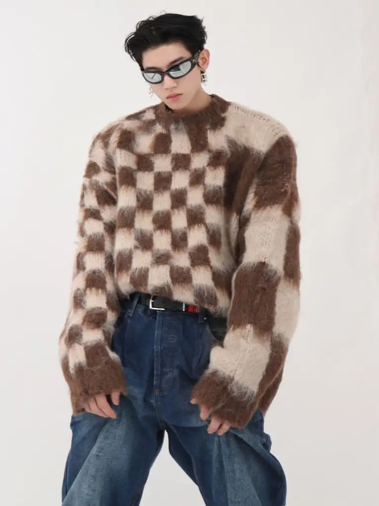 

Autumn and Winter New Checkerboard Plaid Pullover Sweater Men Korean Version Fashion Knitted Sweater Boutique Clothing 2022