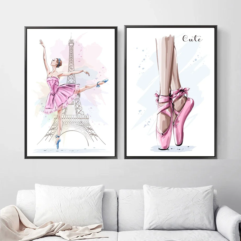 

Cartoon Paris Tower Ballet Girl Wall Art Canvas Painting Nordic Posters And Prints Wall Pictures For Baby Kids Room Decor