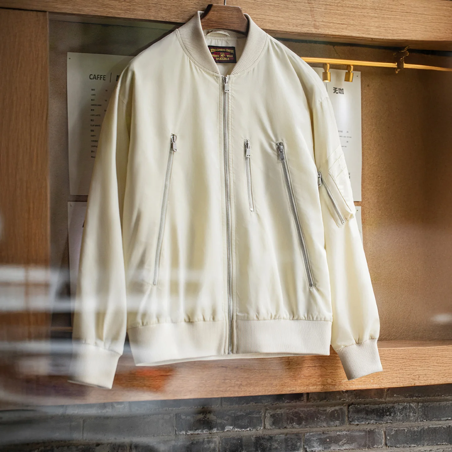 Maden Women's L2B Flight Bomber Jacket Vintage Baseball Style Lightweight Ivory White Short Zip-Up Casual Coat for Spring Autumn