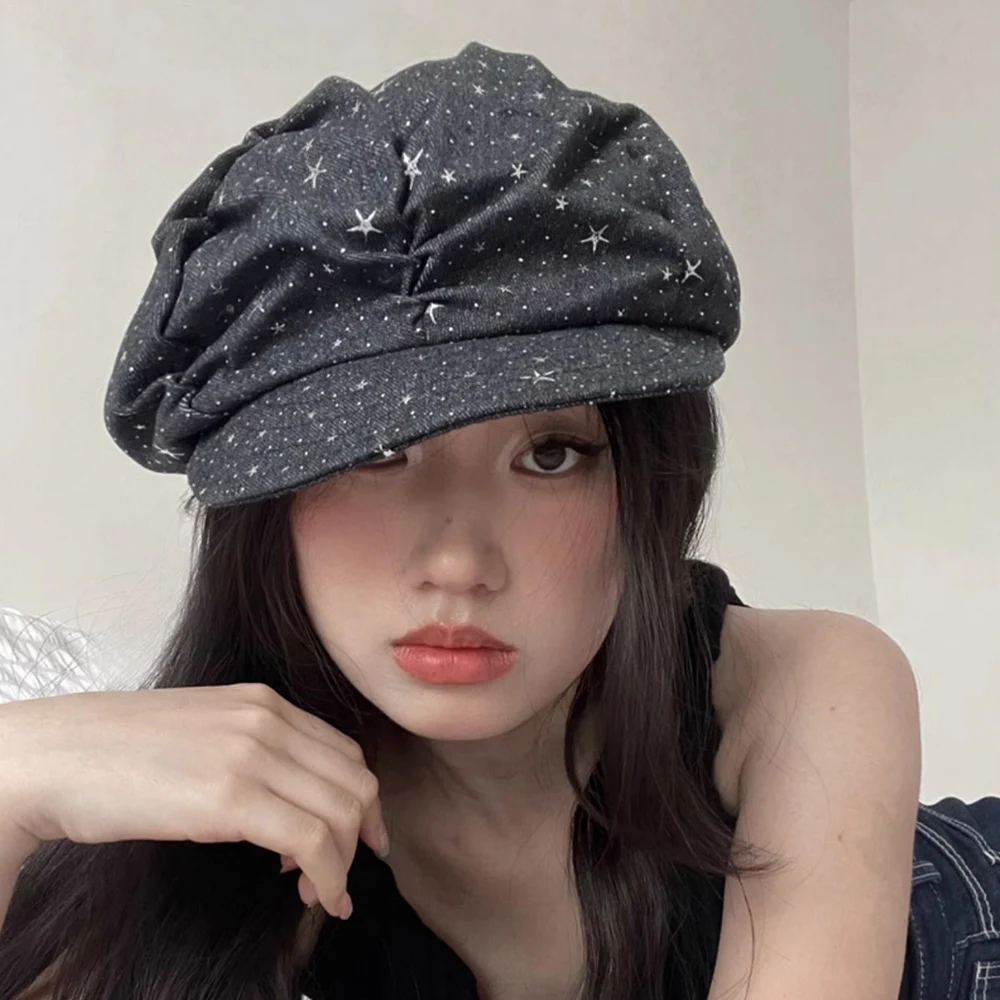 Vintage Y2k Star Sequin Beret Newsboy Hat Painters Hats Denim Fabric Caps Korea Fold Tie Dyeing Hat Hip Hop Punk Accessories