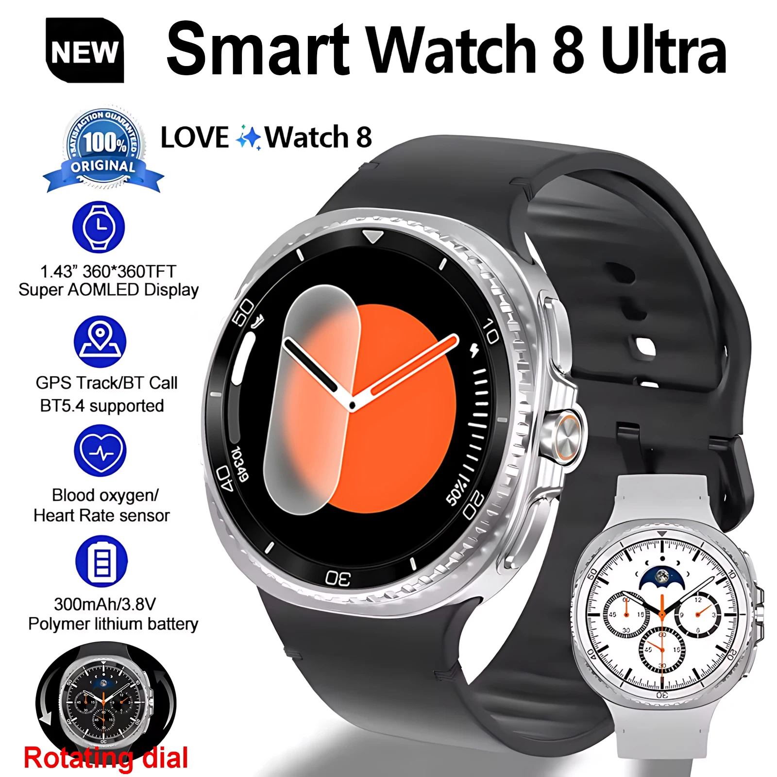 

New Fashion Watch 8 Rotating Dial Smart Watch Men AMOLED HD Screen Fitness BT Call NFC GPS Waterproof Smart Watch Ultra Women