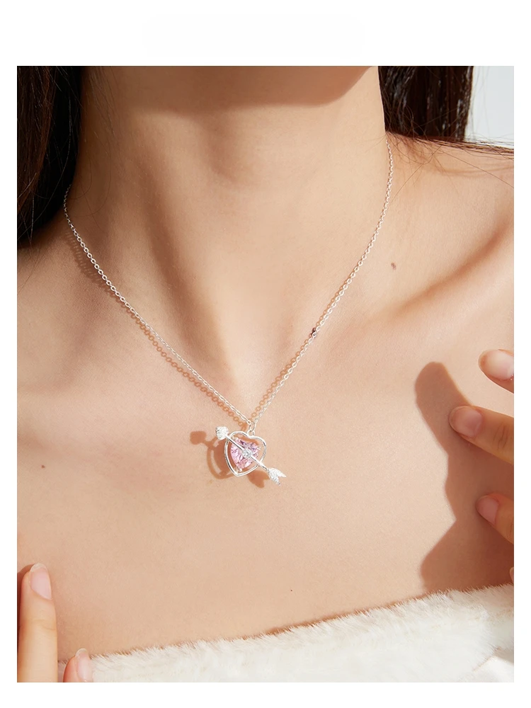 

Sterling silver pink heart gemstone necklace necklaceaccessible luxuryniche style pendant elegantcasual clavicle chain necklace