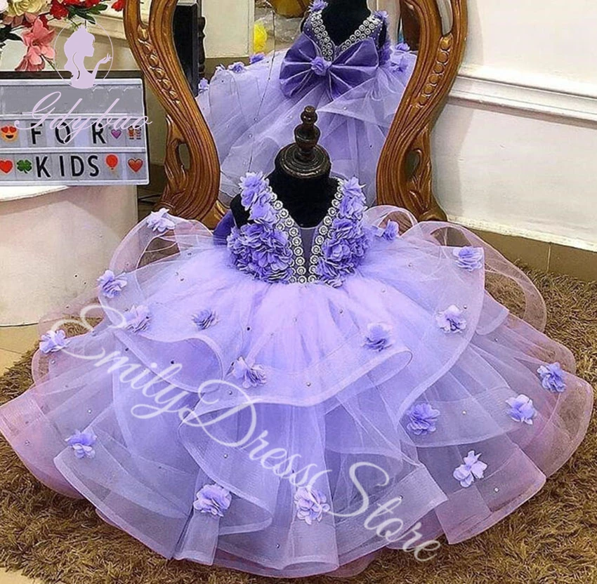 Customized Pink Purple Flower Girl Dress For Wedding Beaded 3d Applique Layered Pageant Kids Birthday First Communion 2025 Gown